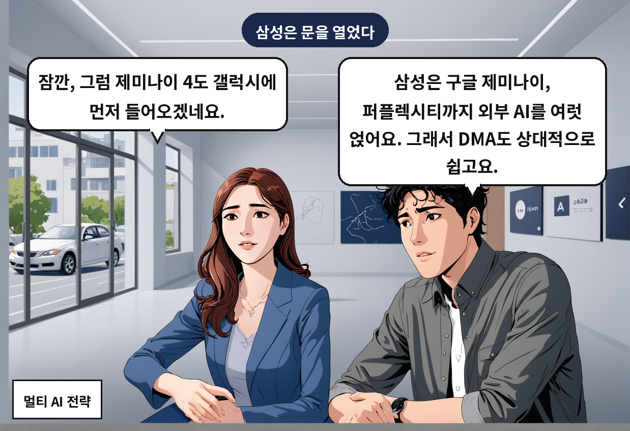 A: 삼성은 구글 제미나이, 퍼플렉시티까지 외부 AI를 여럿 얹어요. 그래서 DMA도 상대적으로 쉽고요. B: 잠깐, 그럼 제미나이 4도 갤럭시에 먼저 들어오겠네요.