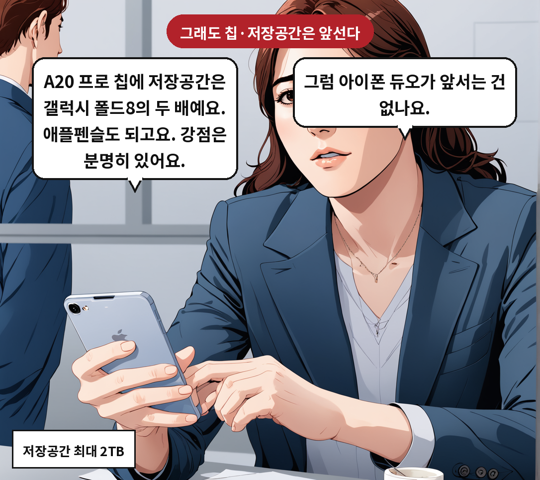 B: 그럼 아이폰 듀오가 앞서는 건 없나요. A: A20 프로 칩에 저장공간은 갤럭시 폴드8의 두 배예요. 애플펜슬도 되고요. 강점은 분명히 있어요.