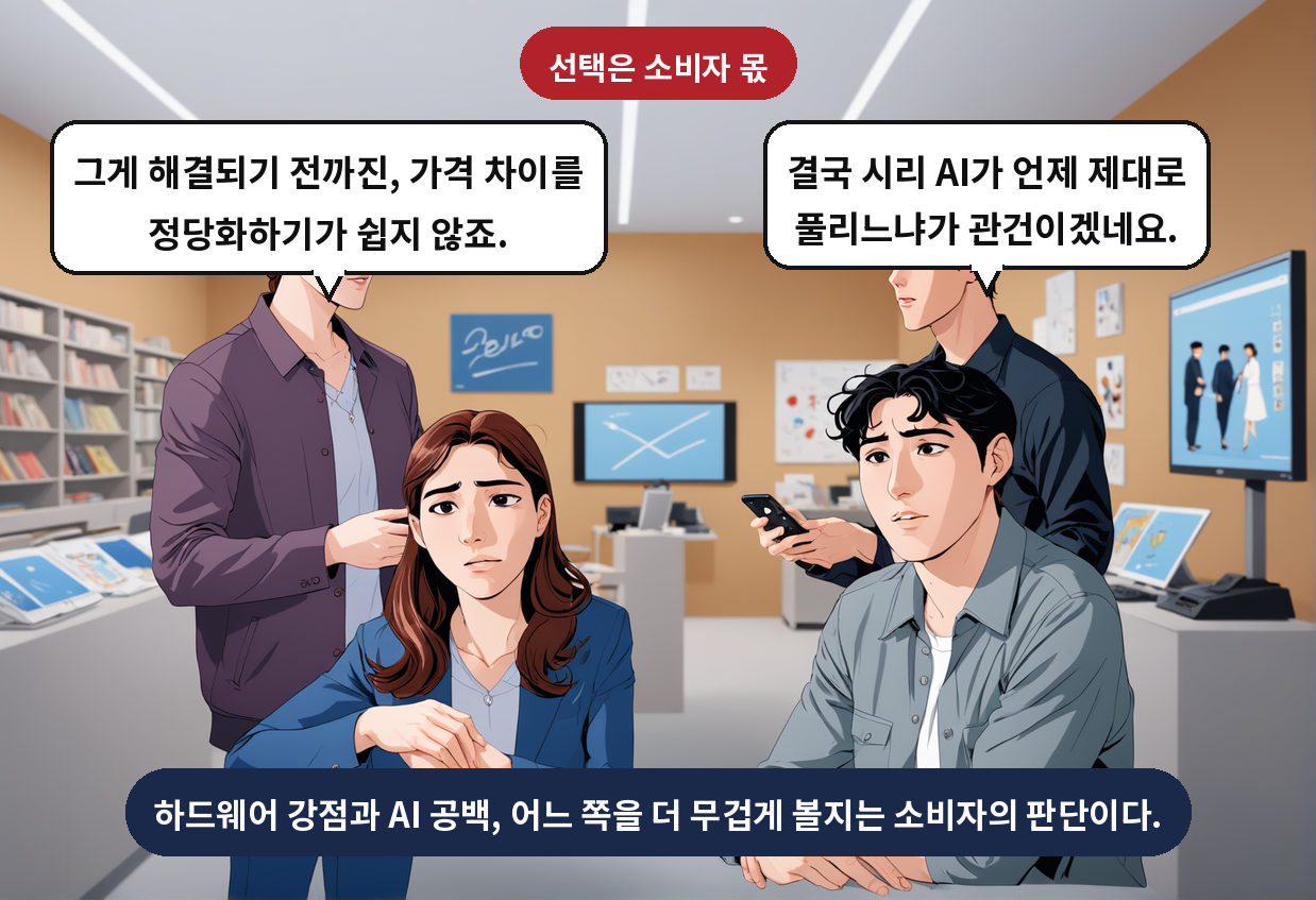B: 결국 시리 AI가 언제 제대로 풀리느냐가 관건이겠네요. A: 그게 해결되기 전까진, 가격 차이를 정당화하기가 쉽지 않죠.