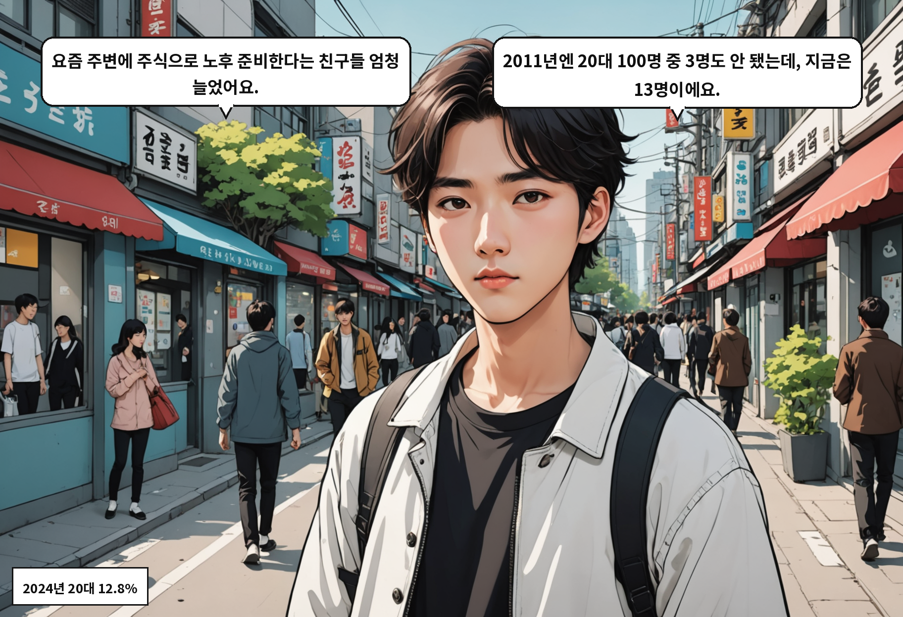 A: 요즘 주변에 주식으로 노후 준비한다는 친구들 엄청 늘었어요. B: 2011년엔 20대 100명 중 3명도 안 됐는데, 지금은 13명이에요.