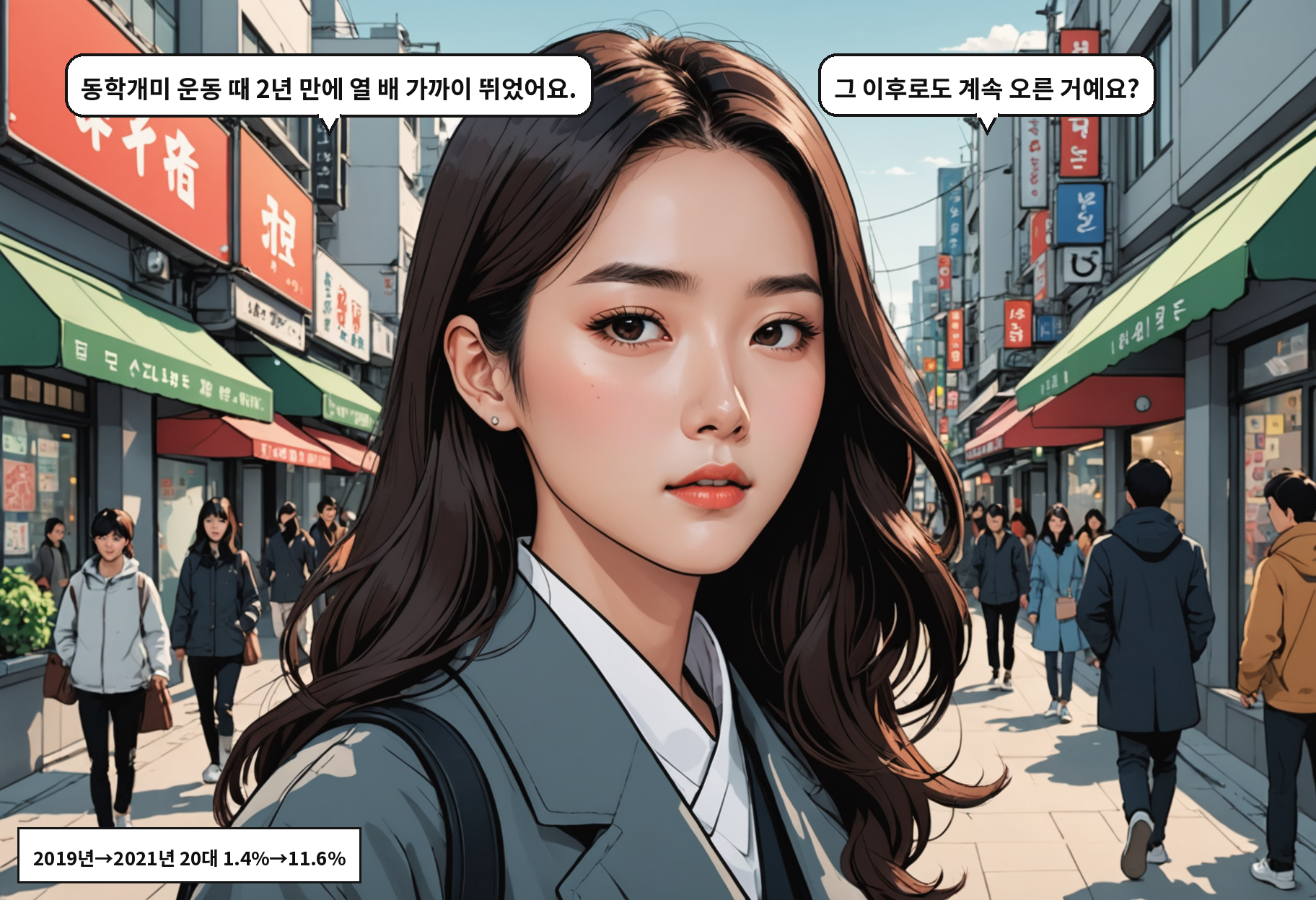 B: 동학개미 운동 때 2년 만에 열 배 가까이 뛰었어요. A: 그 이후로도 계속 오른 거예요?