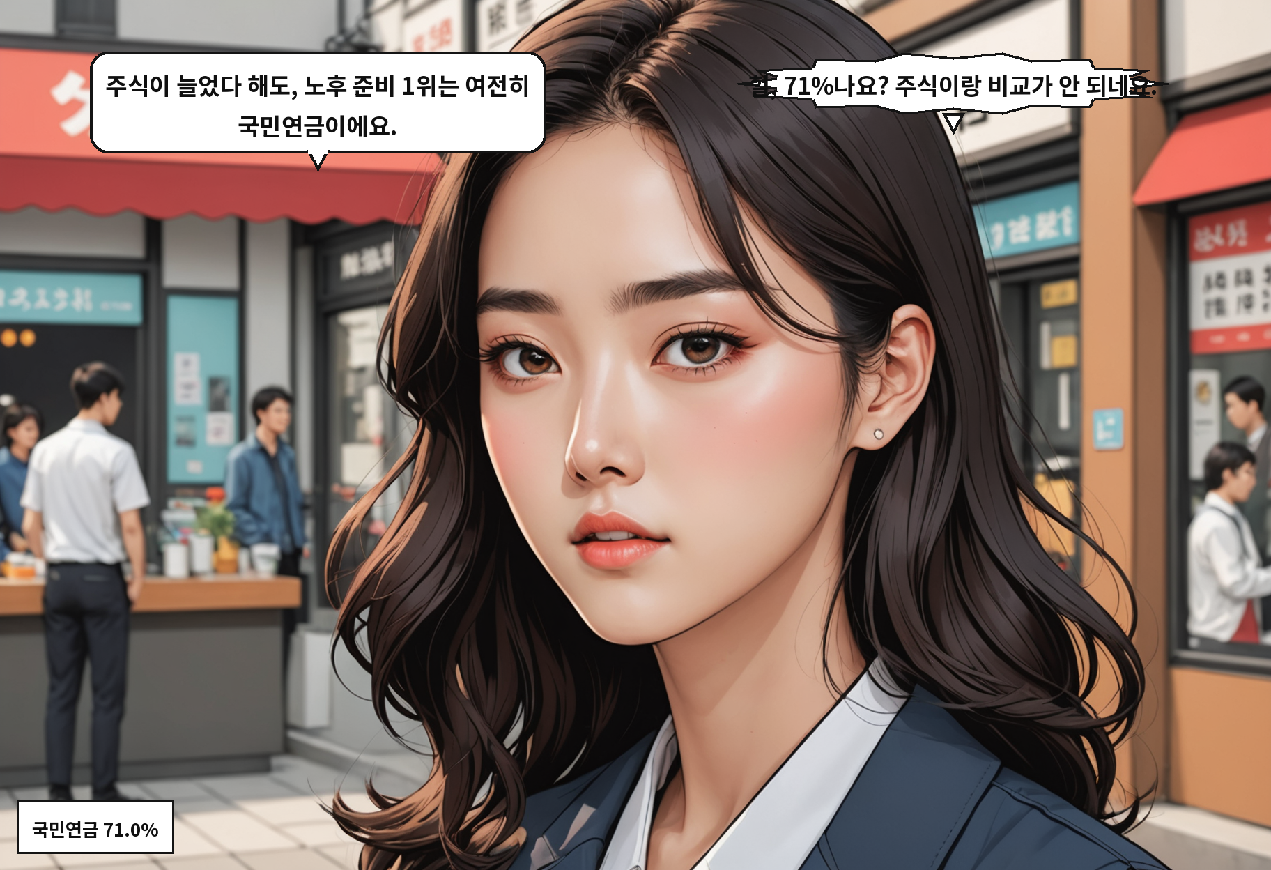 B: 주식이 늘었다 해도, 노후 준비 1위는 여전히 국민연금이에요. A: 헐, 71%나요? 주식이랑 비교가 안 되네요.