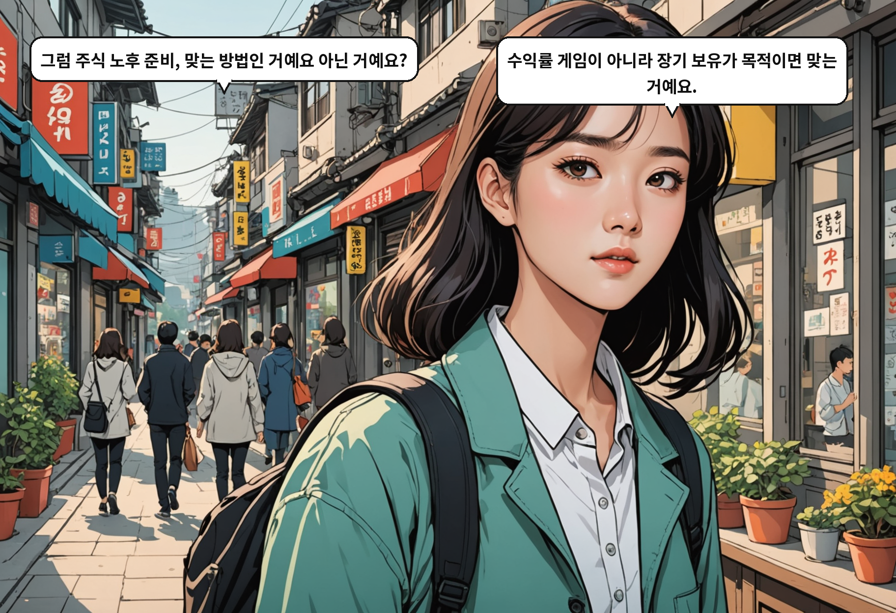 A: 그럼 주식 노후 준비, 맞는 방법인 거예요 아닌 거예요? B: 수익률 게임이 아니라 장기 보유가 목적이면 맞는 거예요.
