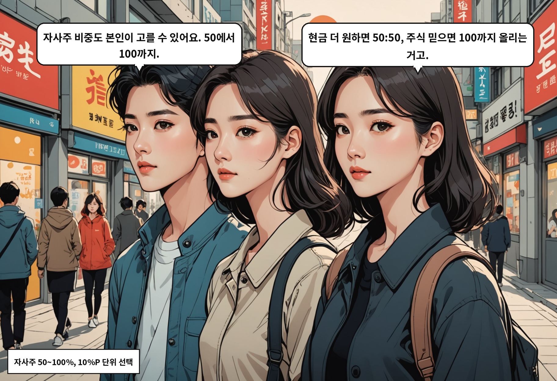 A: 자사주 비중도 본인이 고를 수 있어요. 50에서 100까지. B: 현금 더 원하면 50:50, 주식 믿으면 100까지 올리는 거고.