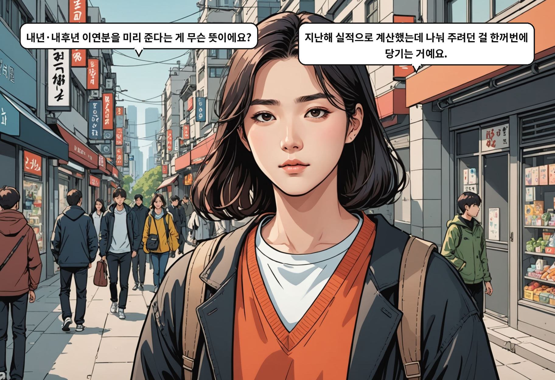 B: 내년·내후년 이연분을 미리 준다는 게 무슨 뜻이에요? A: 지난해 실적으로 계산했는데 나눠 주려던 걸 한꺼번에 당기는 거예요.