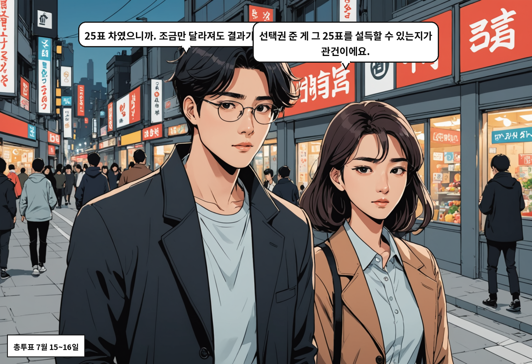 B: 25표 차였으니까. 조금만 달라져도 결과가 바뀌죠. A: 선택권 준 게 그 25표를 설득할 수 있는지가 관건이에요.