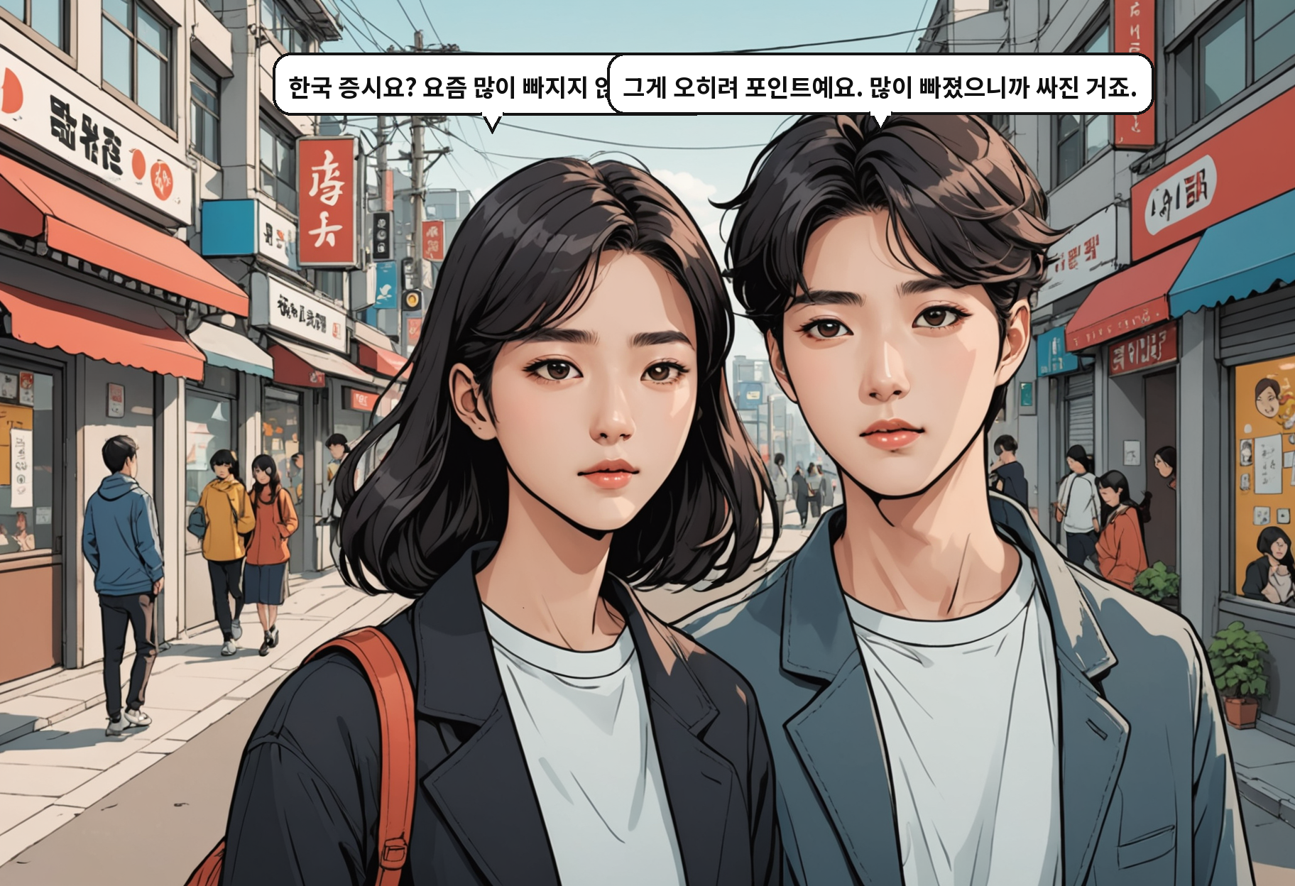 B: 한국 증시요? 요즘 많이 빠지지 않았나요? A: 그게 오히려 포인트예요. 많이 빠졌으니까 싸진 거죠.