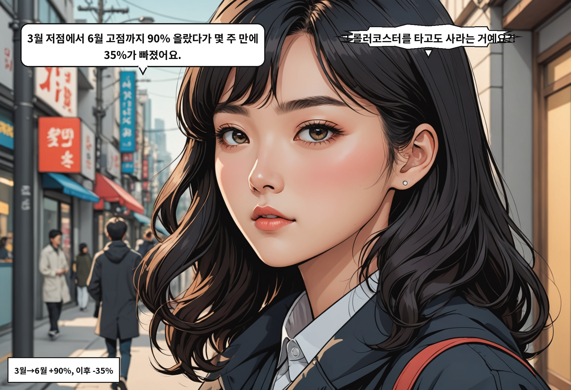 A: 3월 저점에서 6월 고점까지 90% 올랐다가 몇 주 만에 35%가 빠졌어요. B: 그 롤러코스터를 타고도 사라는 거예요?!