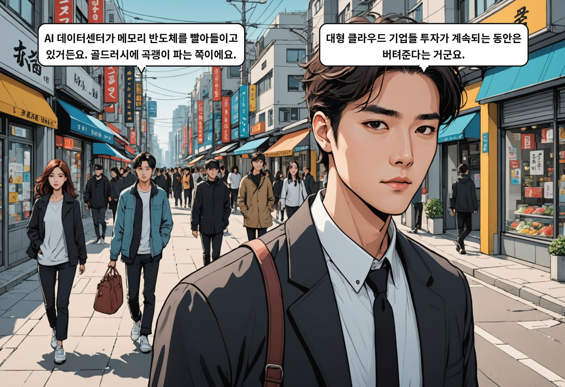 A: AI 데이터센터가 메모리 반도체를 빨아들이고 있거든요. 골드러시에 곡괭이 파는 쪽이에요. B: 대형 클라우드 기업들 투자가 계속되는 동안은 버텨준다는 거군요.