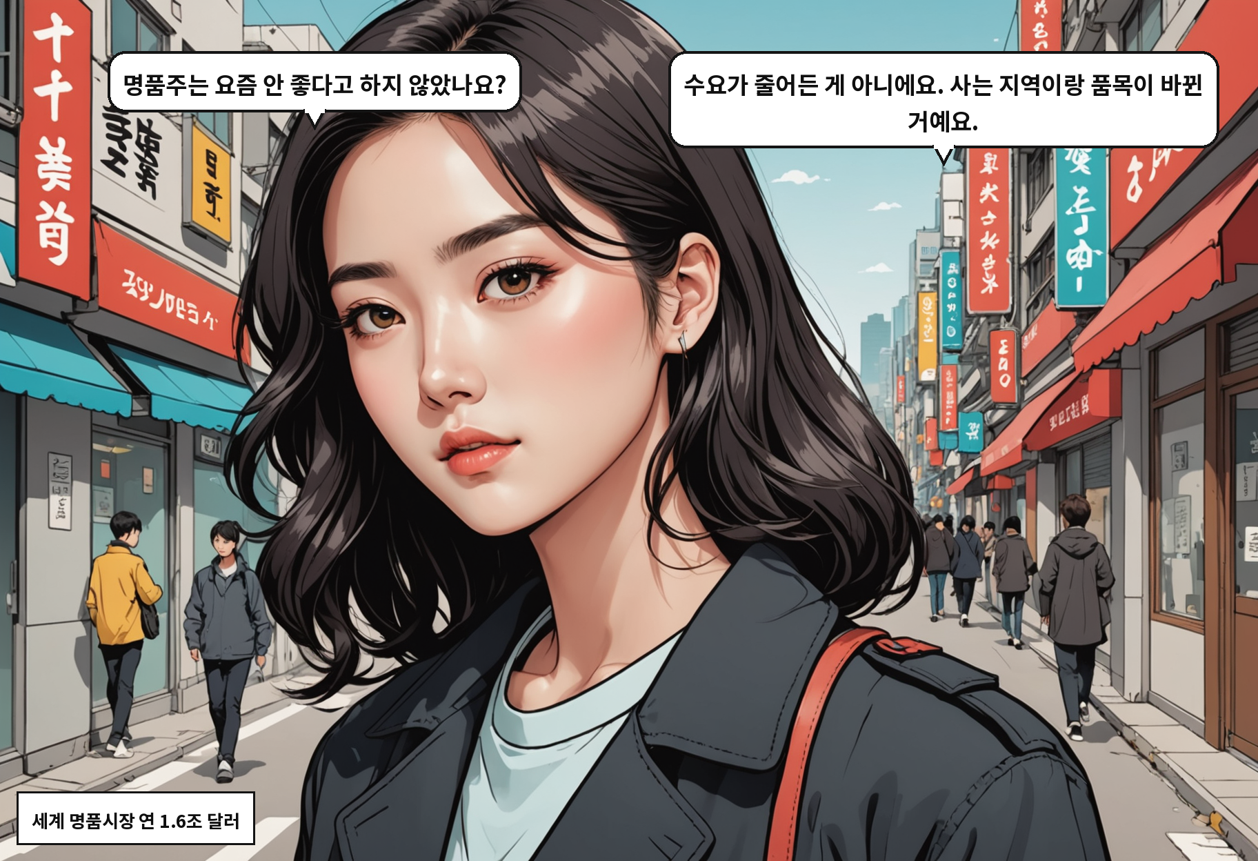 B: 명품주는 요즘 안 좋다고 하지 않았나요? A: 수요가 줄어든 게 아니에요. 사는 지역이랑 품목이 바뀐 거예요.