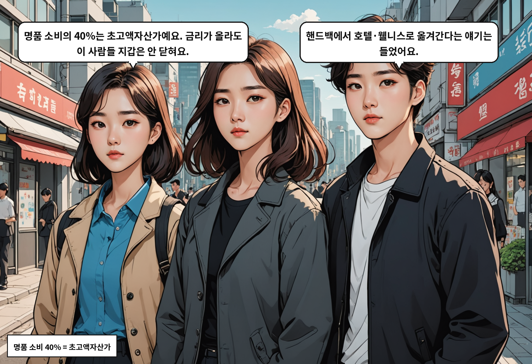 A: 명품 소비의 40%는 초고액자산가예요. 금리가 올라도 이 사람들 지갑은 안 닫혀요. B: 핸드백에서 호텔·웰니스로 옮겨간다는 얘기는 들었어요.