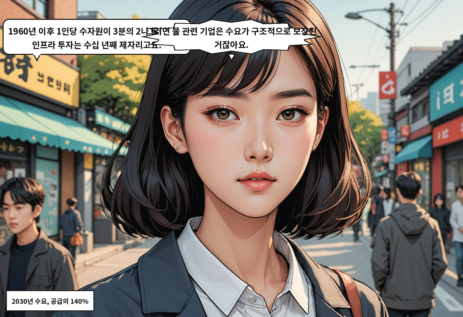 A: 1960년 이후 1인당 수자원이 3분의 2나 줄었어요. 인프라 투자는 수십 년째 제자리고요. B: 그러면 물 관련 기업은 수요가 구조적으로 보장된 거잖아요.