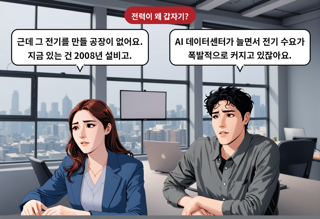 A: AI 데이터센터가 늘면서 전기 수요가 폭발적으로 커지고 있잖아요. B: 근데 그 전기를 만들 공장이 없어요. 지금 있는 건 2008년 설비고.