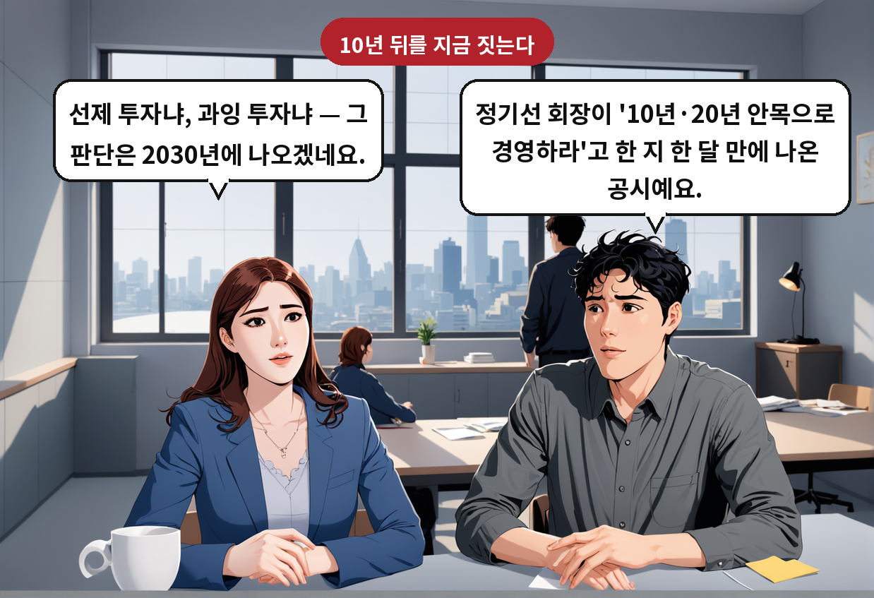 B: 정기선 회장이 '10년·20년 안목으로 경영하라'고 한 지 한 달 만에 나온 공시예요. A: 선제 투자냐, 과잉 투자냐 — 그 판단은 2030년에 나오겠네요.