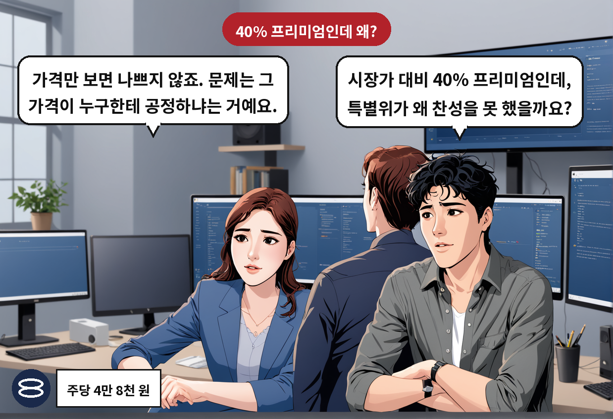 A: 시장가 대비 40% 프리미엄인데, 특별위가 왜 찬성을 못 했을까요? B: 가격만 보면 나쁘지 않죠. 문제는 그 가격이 누구한테 공정하냐는 거예요.