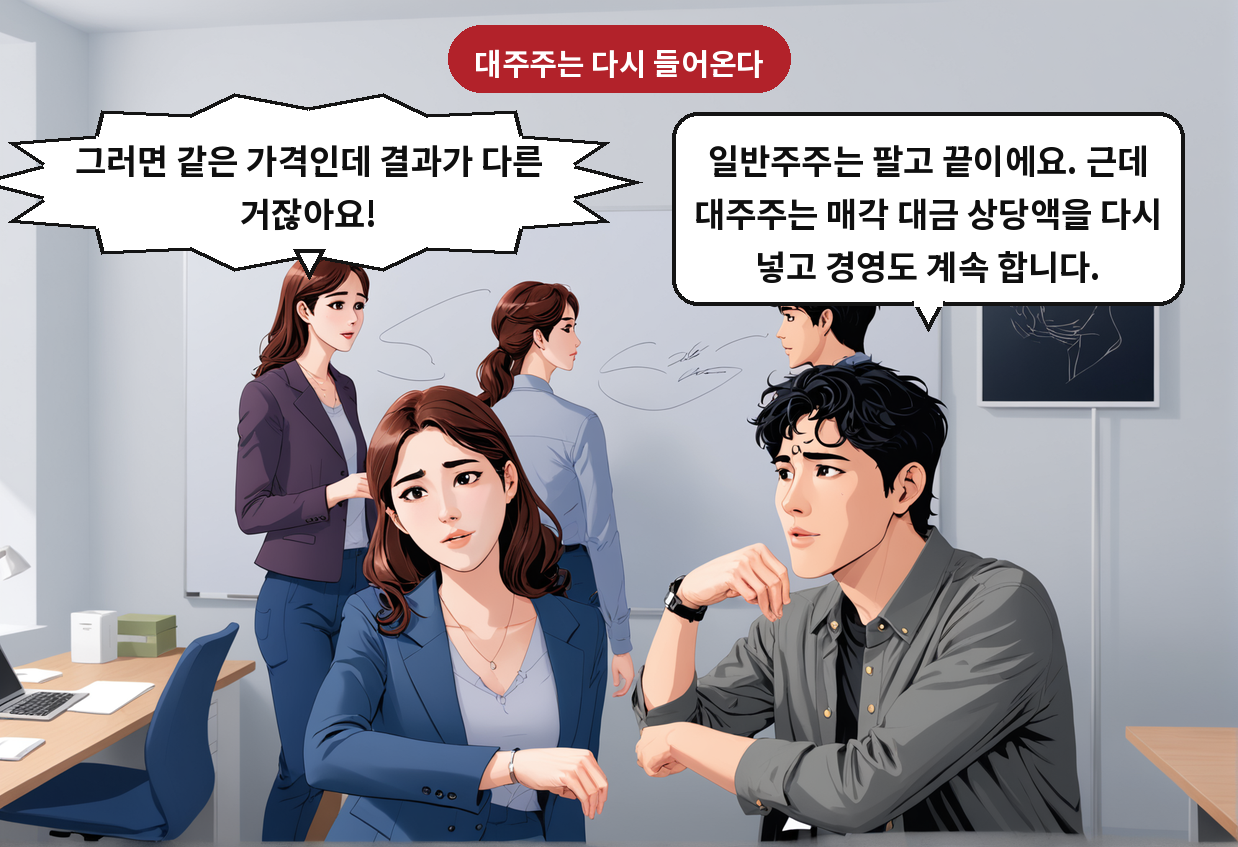 B: 일반주주는 팔고 끝이에요. 근데 대주주는 매각 대금 상당액을 다시 넣고 경영도 계속 합니다. A: 그러면 같은 가격인데 결과가 다른 거잖아요!
