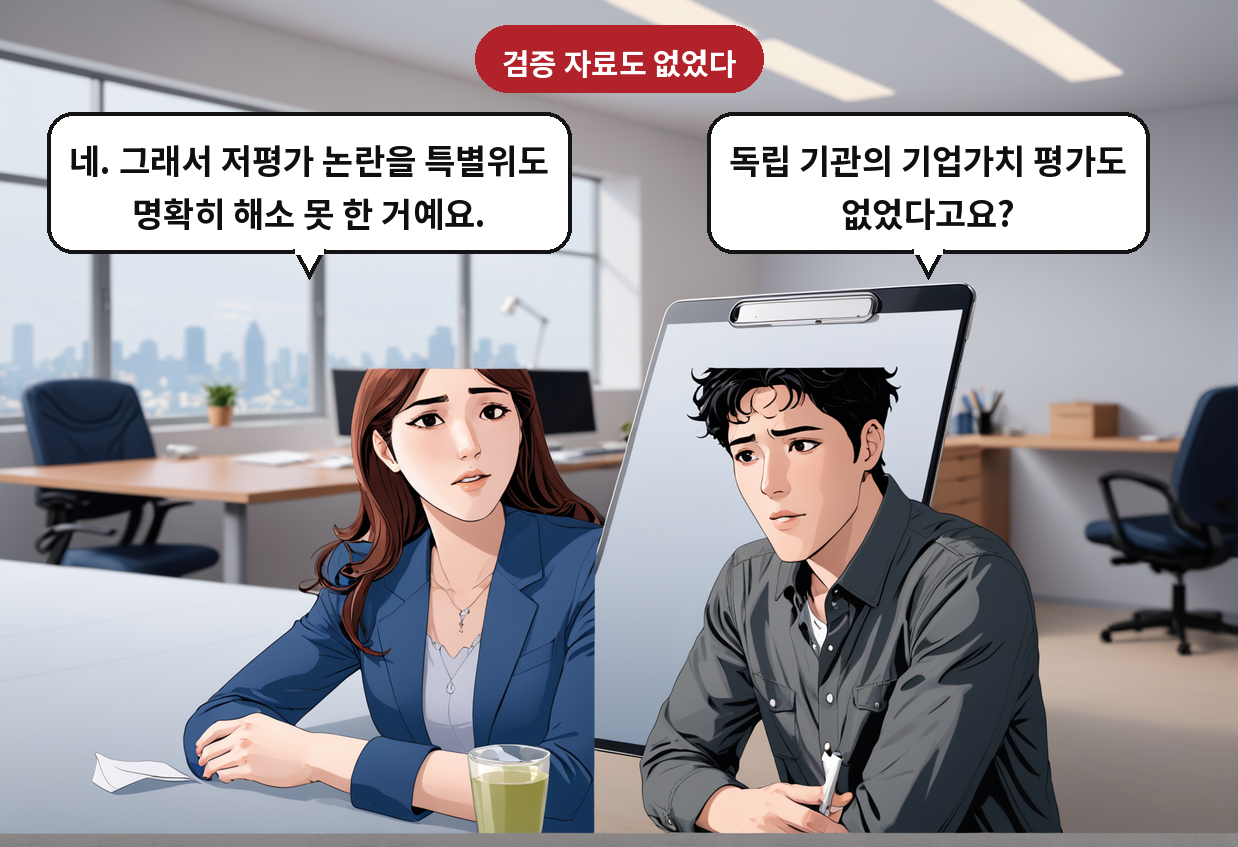 A: 독립 기관의 기업가치 평가도 없었다고요? B: 네. 그래서 저평가 논란을 특별위도 명확히 해소 못 한 거예요.