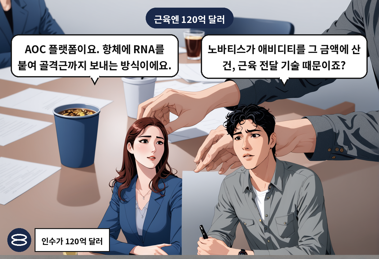 A: 노바티스가 애비디티를 그 금액에 산 건, 근육 전달 기술 때문이죠? B: AOC 플랫폼이요. 항체에 RNA를 붙여 골격근까지 보내는 방식이에요.