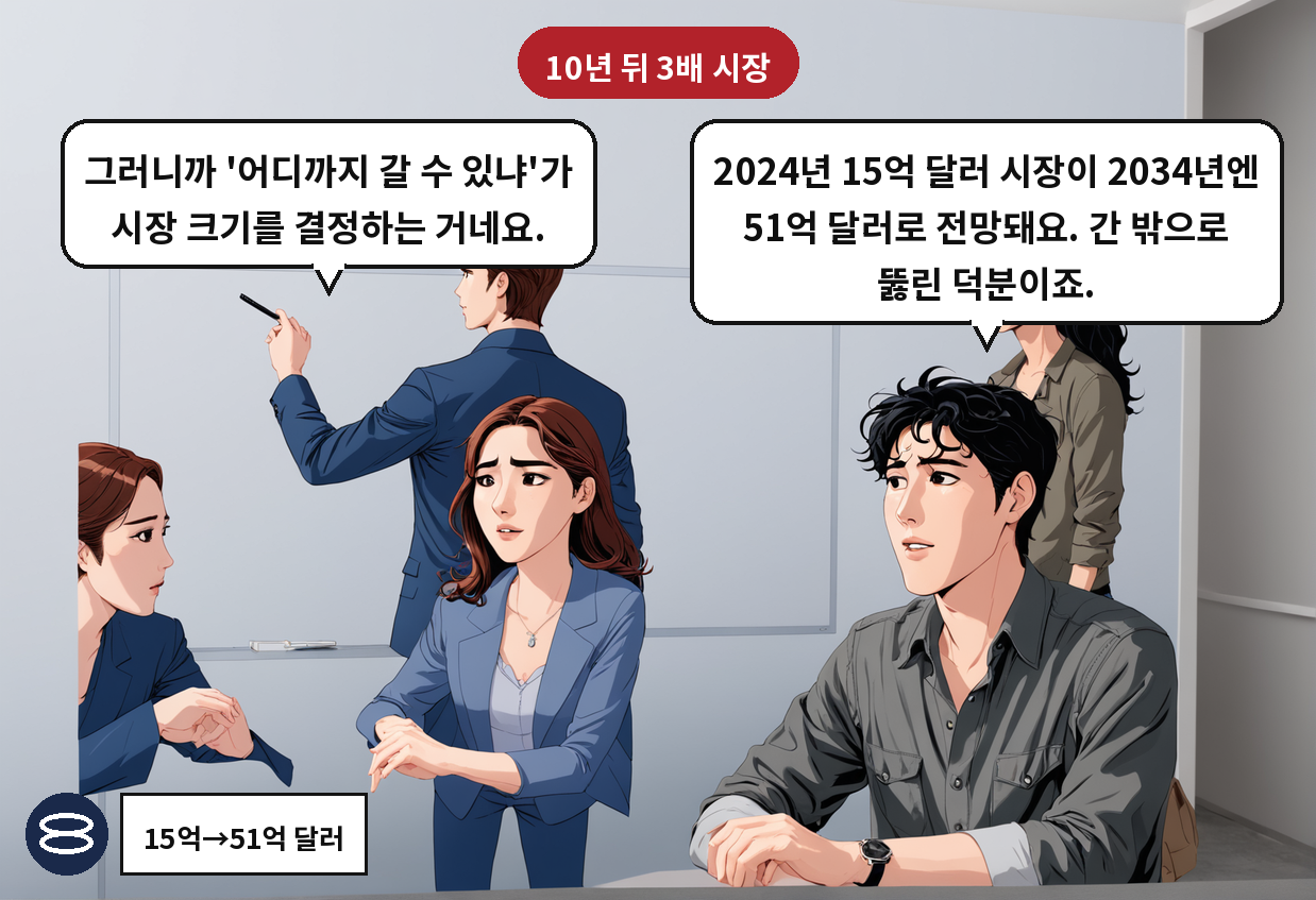 B: 2024년 15억 달러 시장이 2034년엔 51억 달러로 전망돼요. 간 밖으로 뚫린 덕분이죠. A: 그러니까 '어디까지 갈 수 있냐'가 시장 크기를 결정하는 거네요.