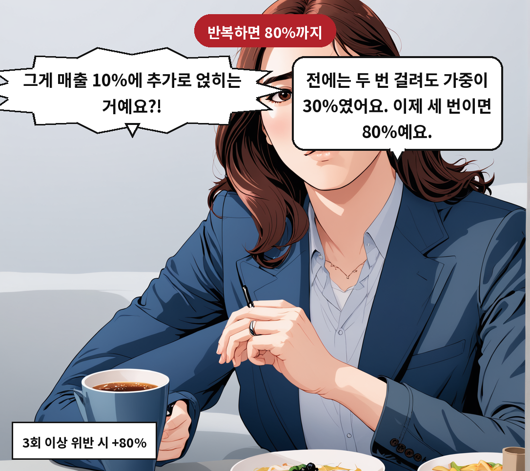 B: 전에는 두 번 걸려도 가중이 30%였어요. 이제 세 번이면 80%예요. A: 그게 매출 10%에 추가로 얹히는 거예요?!