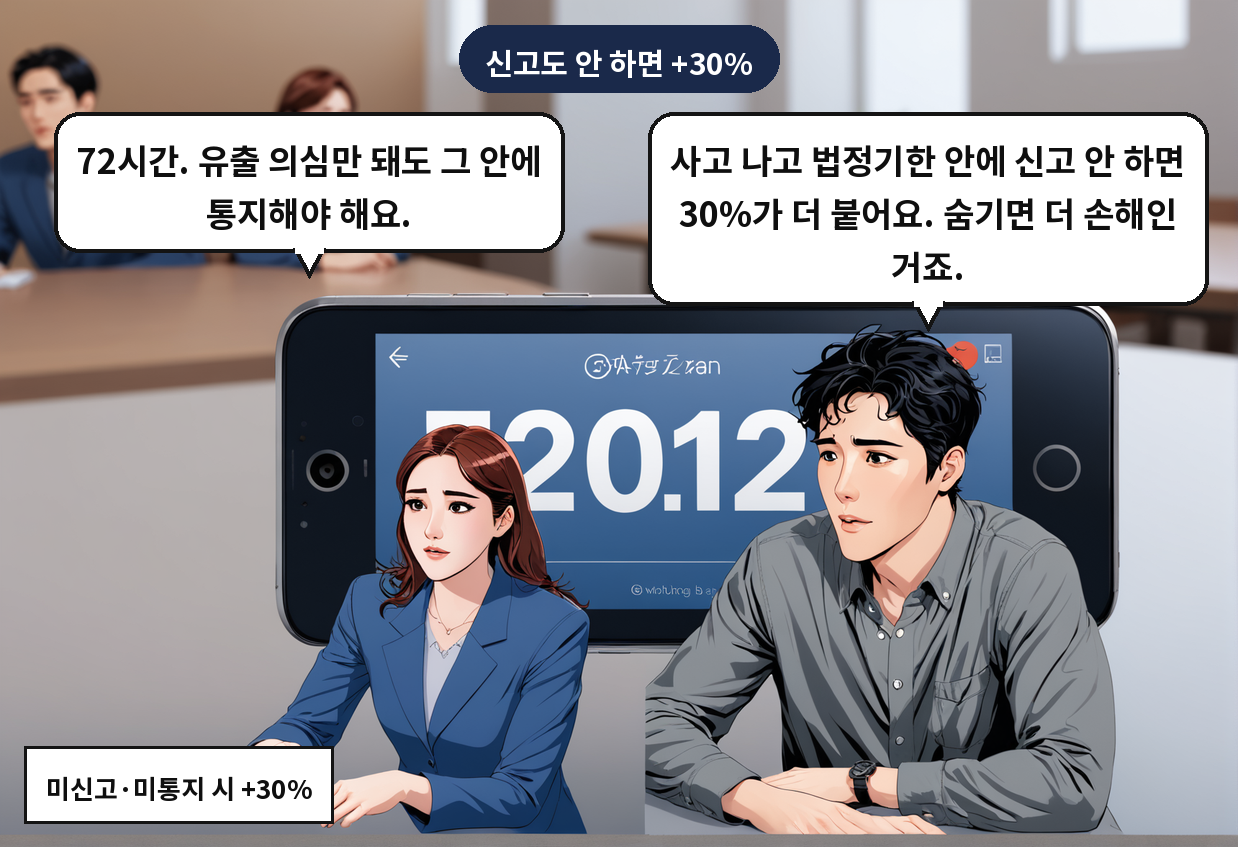 A: 사고 나고 법정기한 안에 신고 안 하면 30%가 더 붙어요. 숨기면 더 손해인 거죠. B: 72시간. 유출 의심만 돼도 그 안에 통지해야 해요.