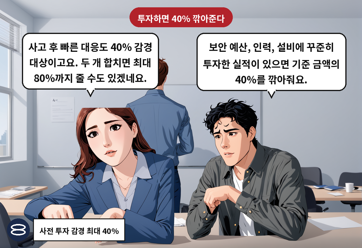B: 보안 예산, 인력, 설비에 꾸준히 투자한 실적이 있으면 기준 금액의 40%를 깎아줘요. A: 사고 후 빠른 대응도 40% 감경 대상이고요. 두 개 합치면 최대 80%까지 줄 수도 있겠네요.