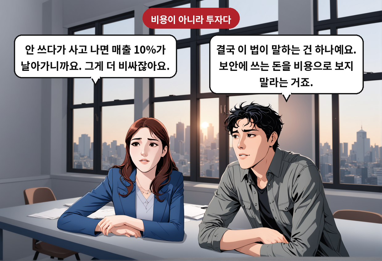 B: 결국 이 법이 말하는 건 하나예요. 보안에 쓰는 돈을 비용으로 보지 말라는 거죠. A: 안 쓰다가 사고 나면 매출 10%가 날아가니까요. 그게 더 비싸잖아요.