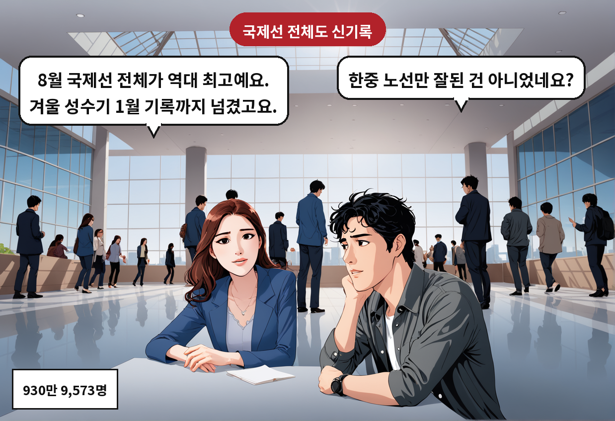 B: 한중 노선만 잘된 건 아니었네요? A: 8월 국제선 전체가 역대 최고예요. 겨울 성수기 1월 기록까지 넘겼고요.