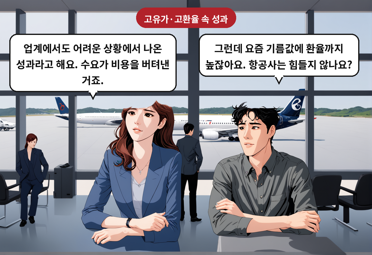 B: 그런데 요즘 기름값에 환율까지 높잖아요. 항공사는 힘들지 않나요? A: 업계에서도 어려운 상황에서 나온 성과라고 해요. 수요가 비용을 버텨낸 거죠.