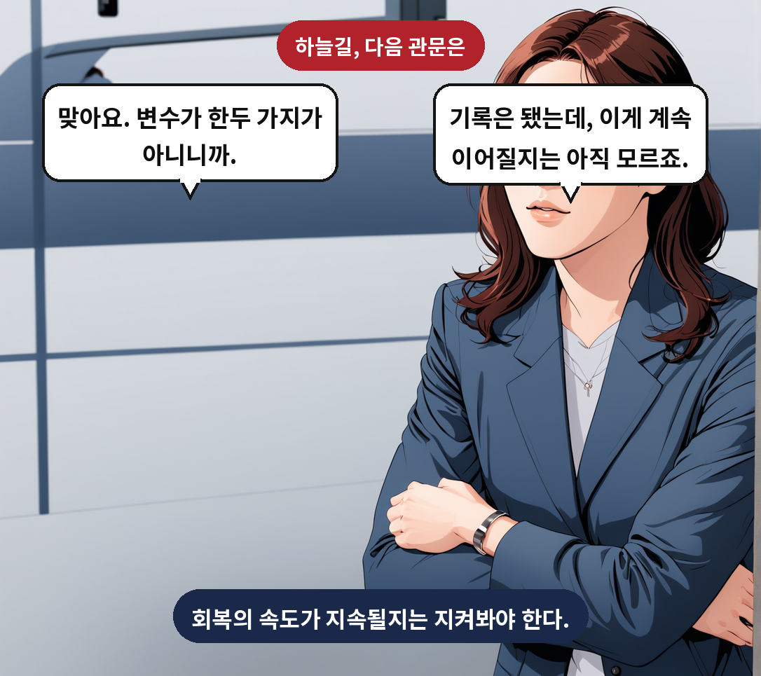 A: 기록은 됐는데, 이게 계속 이어질지는 아직 모르죠. B: 맞아요. 변수가 한두 가지가 아니니까.