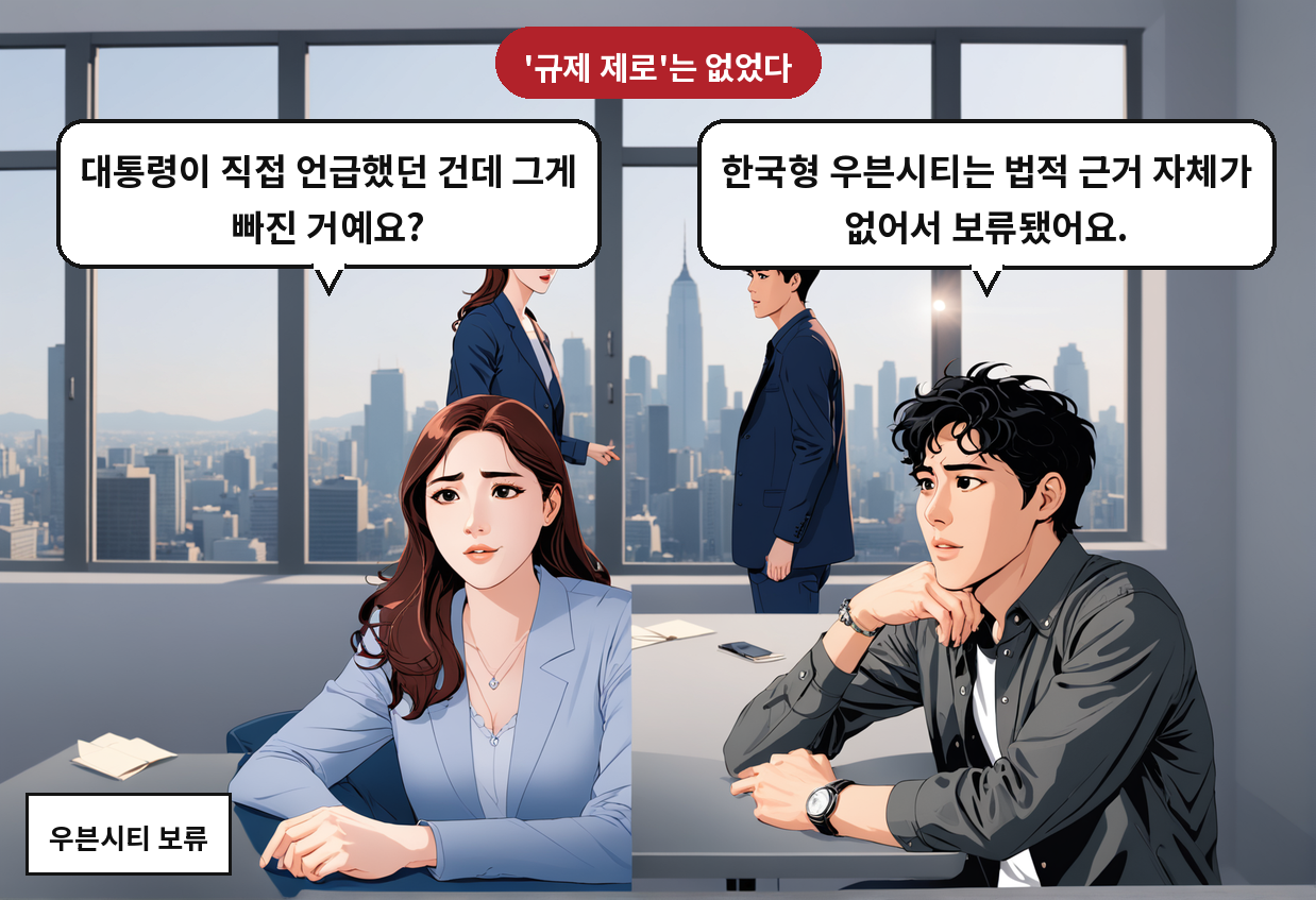 A: 한국형 우븐시티는 법적 근거 자체가 없어서 보류됐어요. B: 대통령이 직접 언급했던 건데 그게 빠진 거예요?