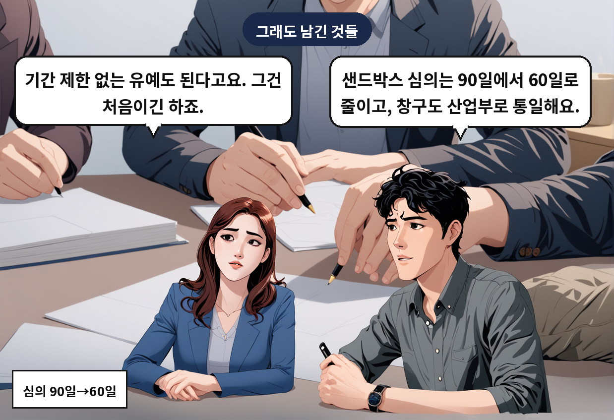 A: 샌드박스 심의는 90일에서 60일로 줄이고, 창구도 산업부로 통일해요. B: 기간 제한 없는 유예도 된다고요. 그건 처음이긴 하죠.