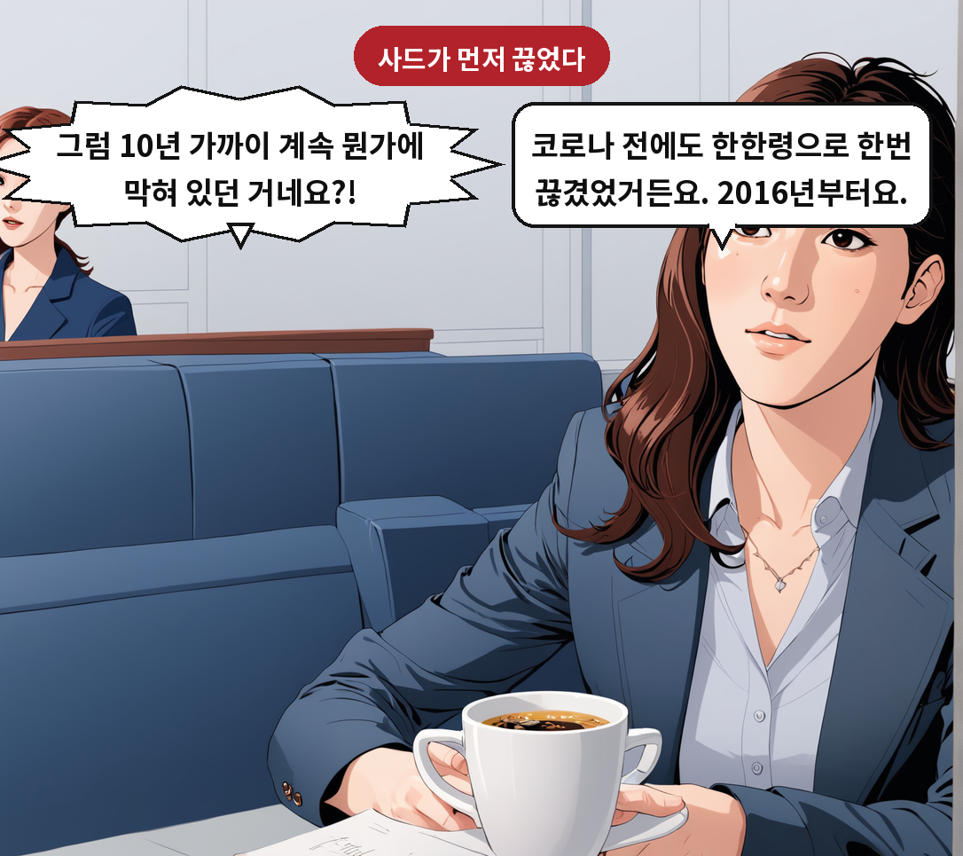 B: 코로나 전에도 한한령으로 한번 끊겼었거든요. 2016년부터요. A: 그럼 10년 가까이 계속 뭔가에 막혀 있던 거네요?!