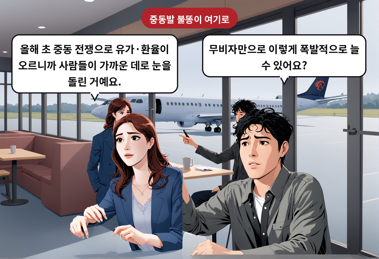 A: 무비자만으로 이렇게 폭발적으로 늘 수 있어요? B: 올해 초 중동 전쟁으로 유가·환율이 오르니까 사람들이 가까운 데로 눈을 돌린 거예요.