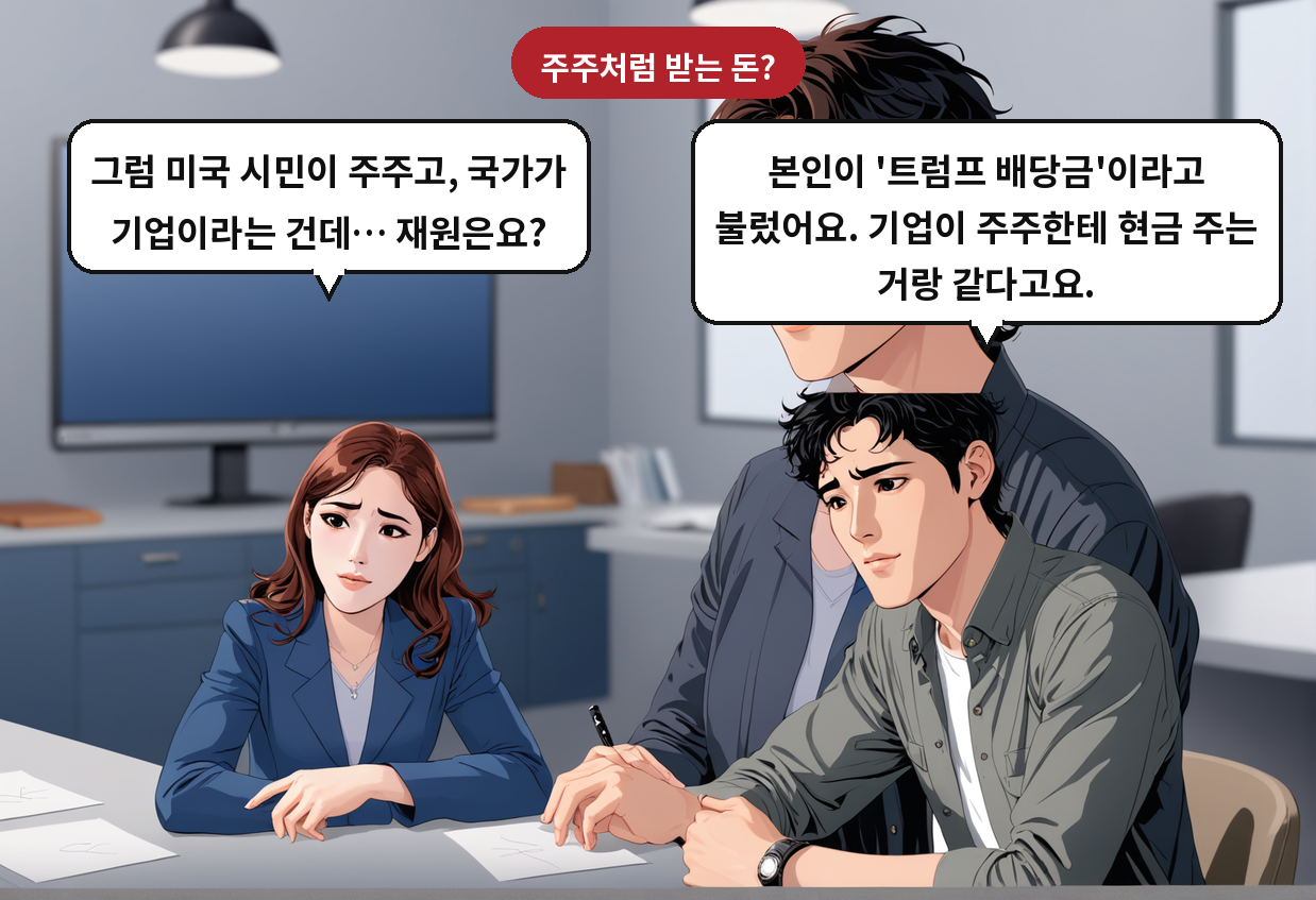 A: 본인이 '트럼프 배당금'이라고 불렀어요. 기업이 주주한테 현금 주는 거랑 같다고요. B: 그럼 미국 시민이 주주고, 국가가 기업이라는 건데… 재원은요?