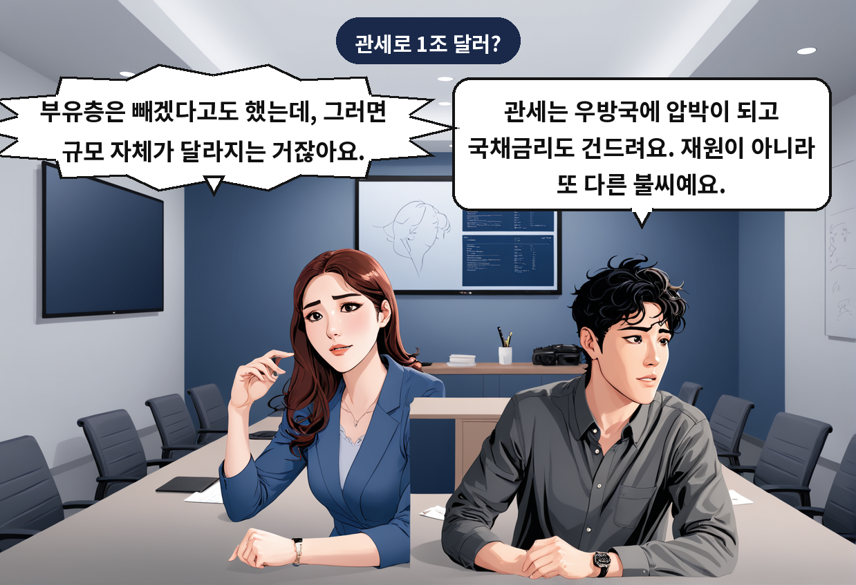 B: 관세는 우방국에 압박이 되고 국채금리도 건드려요. 재원이 아니라 또 다른 불씨예요. A: 부유층은 빼겠다고도 했는데, 그러면 규모 자체가 달라지는 거잖아요.