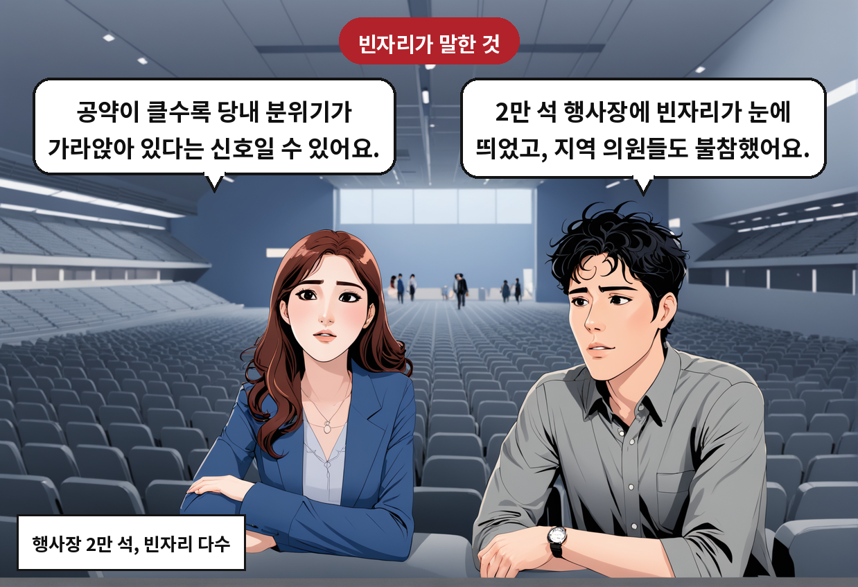 A: 2만 석 행사장에 빈자리가 눈에 띄었고, 지역 의원들도 불참했어요. B: 공약이 클수록 당내 분위기가 가라앉아 있다는 신호일 수 있어요.