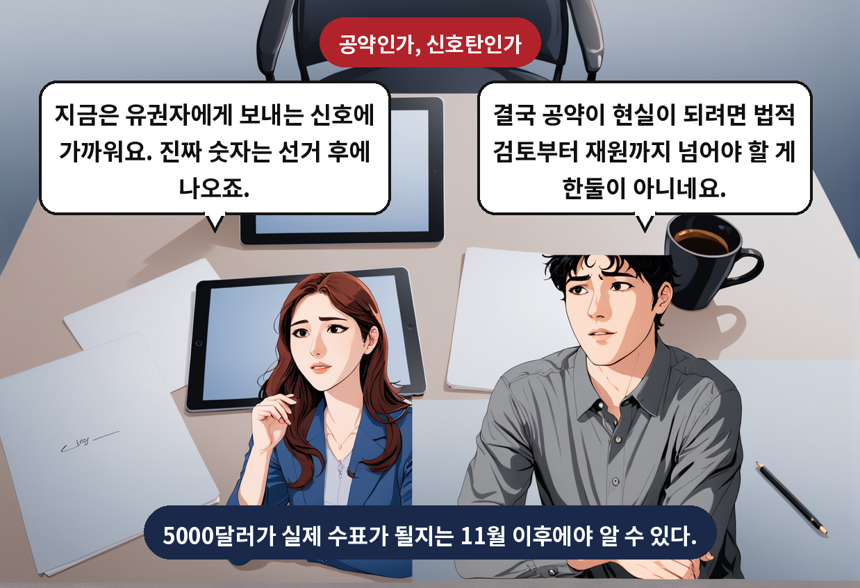 A: 결국 공약이 현실이 되려면 법적 검토부터 재원까지 넘어야 할 게 한둘이 아니네요. B: 지금은 유권자에게 보내는 신호에 가까워요. 진짜 숫자는 선거 후에 나오죠.