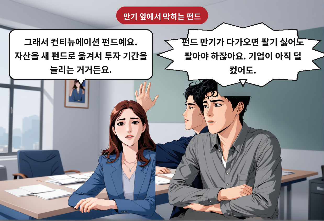 B: 펀드 만기가 다가오면 팔기 싫어도 팔아야 하잖아요. 기업이 아직 덜 컸어도. A: 그래서 컨티뉴에이션 펀드예요. 자산을 새 펀드로 옮겨서 투자 기간을 늘리는 거거든요.
