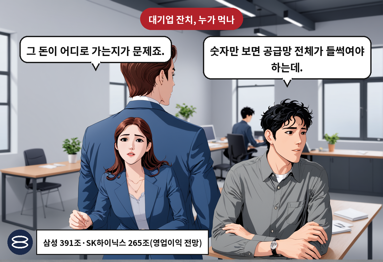 A: 숫자만 보면 공급망 전체가 들썩여야 하는데. B: 그 돈이 어디로 가는지가 문제죠.