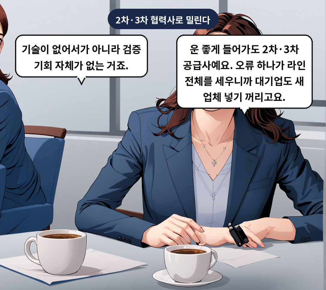 A: 운 좋게 들어가도 2차·3차 공급사예요. 오류 하나가 라인 전체를 세우니까 대기업도 새 업체 넣기 꺼리고요. B: 기술이 없어서가 아니라 검증 기회 자체가 없는 거죠.