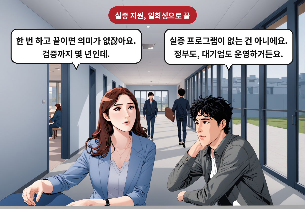 B: 실증 프로그램이 없는 건 아니에요. 정부도, 대기업도 운영하거든요. A: 한 번 하고 끝이면 의미가 없잖아요. 검증까지 몇 년인데.