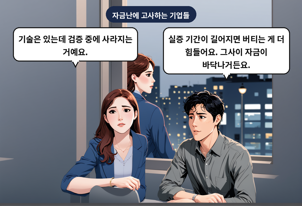 A: 실증 기간이 길어지면 버티는 게 더 힘들어요. 그사이 자금이 바닥나거든요. B: 기술은 있는데 검증 중에 사라지는 거예요.