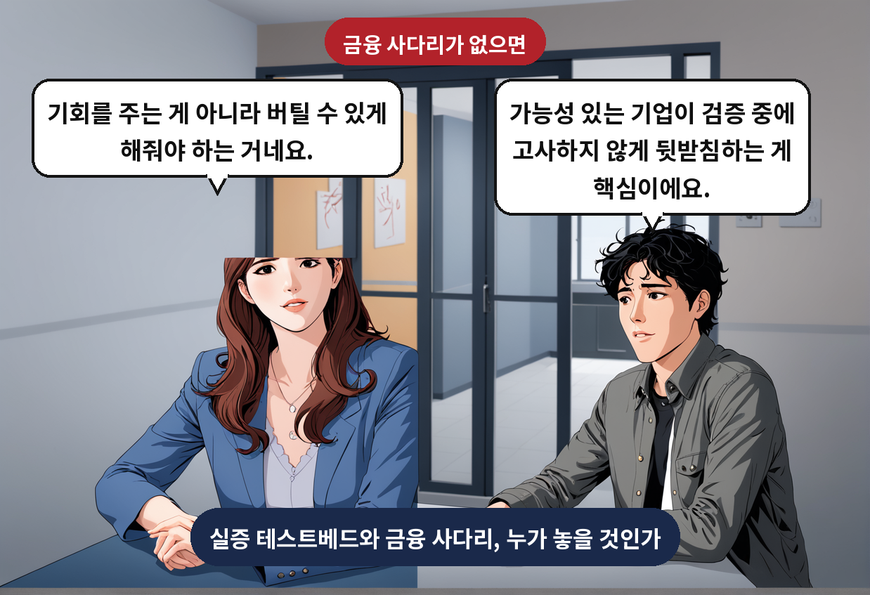 B: 가능성 있는 기업이 검증 중에 고사하지 않게 뒷받침하는 게 핵심이에요. A: 기회를 주는 게 아니라 버틸 수 있게 해줘야 하는 거네요.