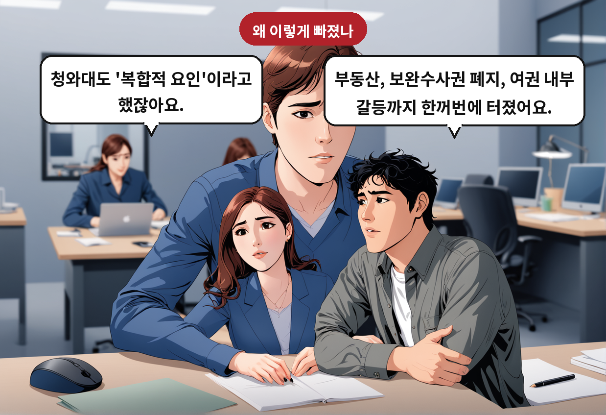 B: 부동산, 보완수사권 폐지, 여권 내부 갈등까지 한꺼번에 터졌어요. A: 청와대도 '복합적 요인'이라고 했잖아요.