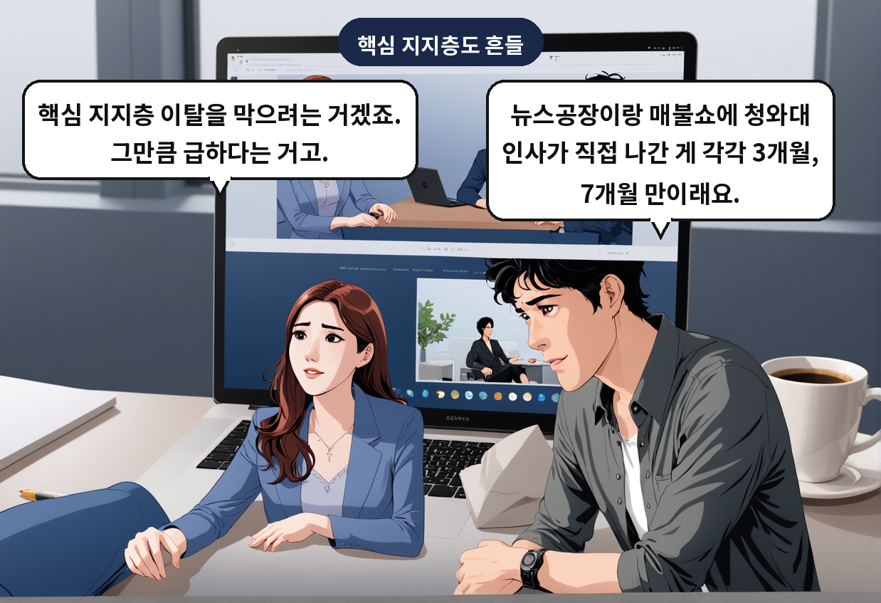 A: 뉴스공장이랑 매불쇼에 청와대 인사가 직접 나간 게 각각 3개월, 7개월 만이래요. B: 핵심 지지층 이탈을 막으려는 거겠죠. 그만큼 급하다는 거고.
