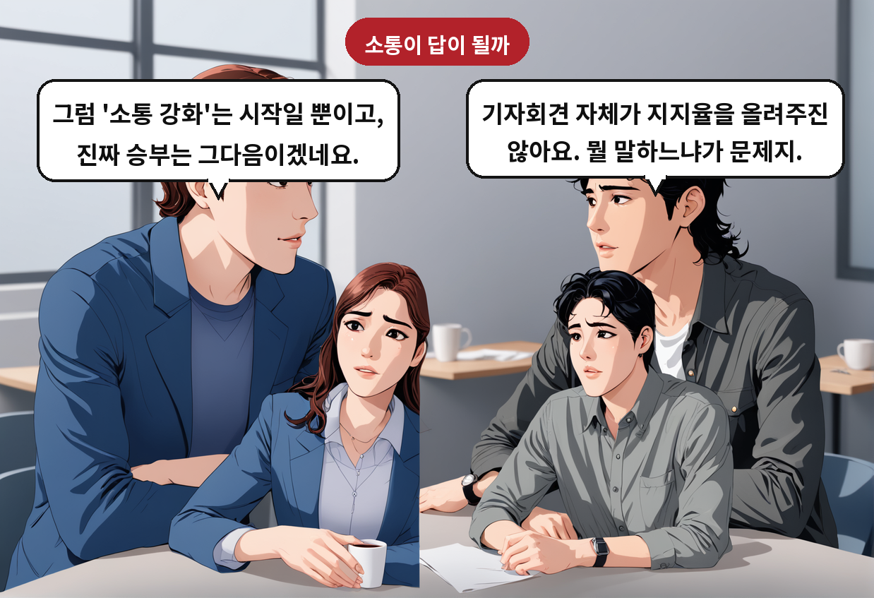 B: 기자회견 자체가 지지율을 올려주진 않아요. 뭘 말하느냐가 문제지. A: 그럼 '소통 강화'는 시작일 뿐이고, 진짜 승부는 그다음이겠네요.