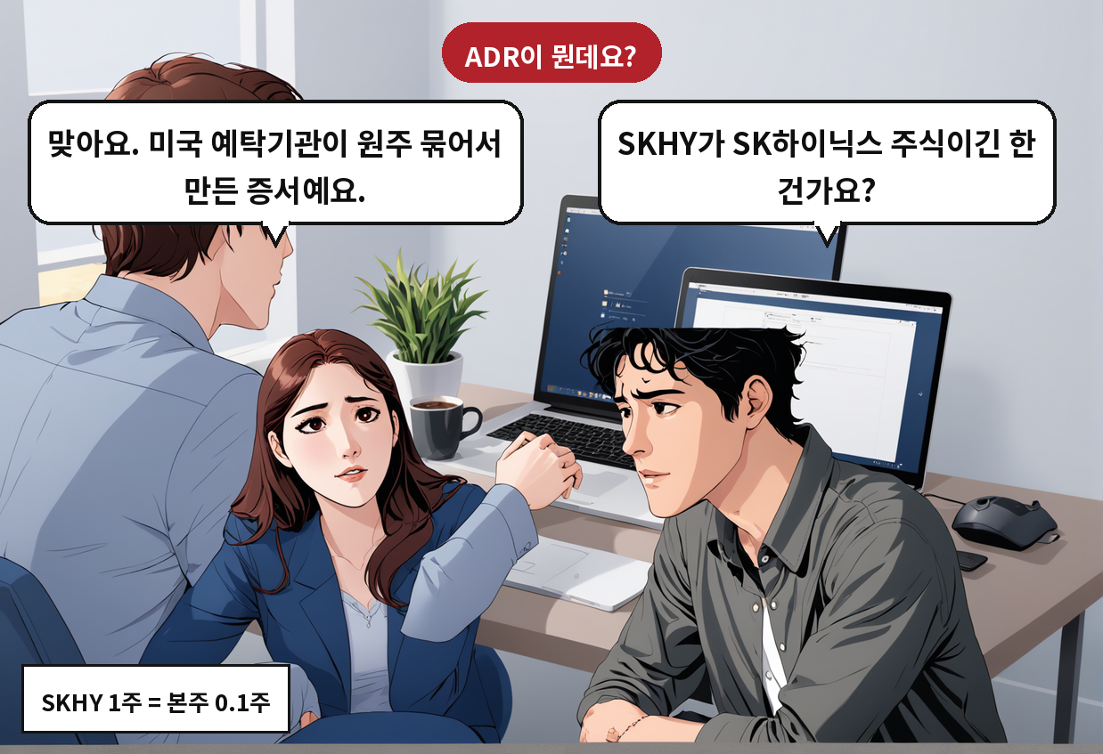 B: SKHY가 SK하이닉스 주식이긴 한 건가요? A: 맞아요. 미국 예탁기관이 원주 묶어서 만든 증서예요.