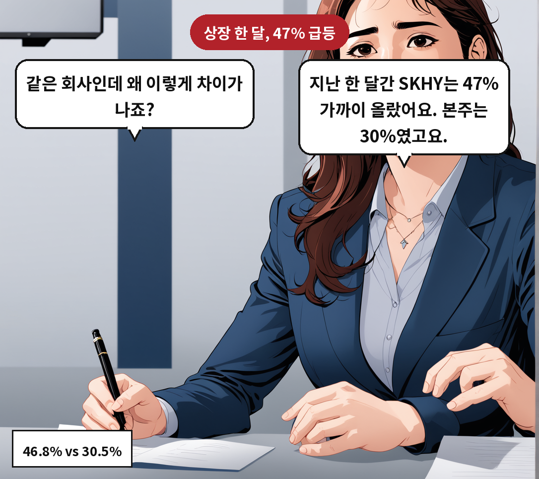 A: 지난 한 달간 SKHY는 47% 가까이 올랐어요. 본주는 30%였고요. B: 같은 회사인데 왜 이렇게 차이가 나죠?