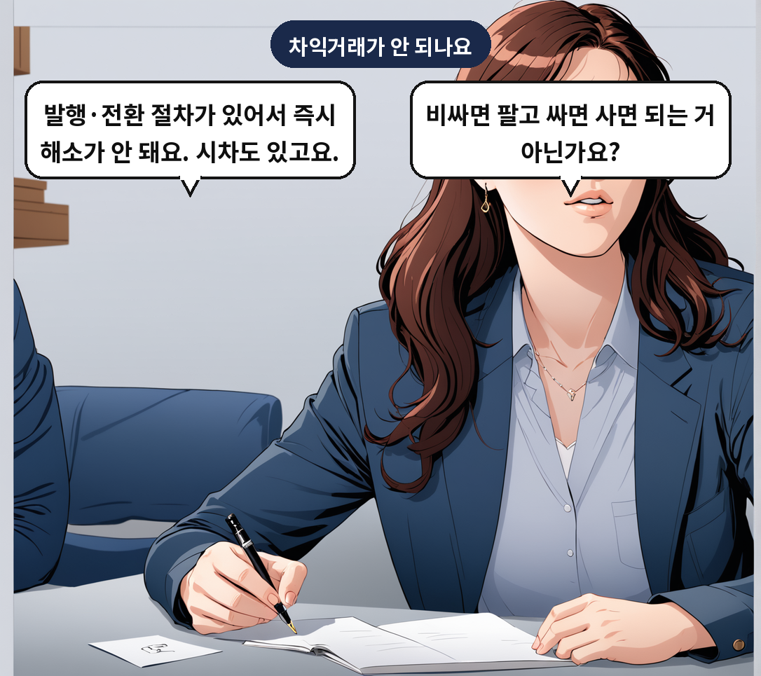 B: 비싸면 팔고 싸면 사면 되는 거 아닌가요? A: 발행·전환 절차가 있어서 즉시 해소가 안 돼요. 시차도 있고요.